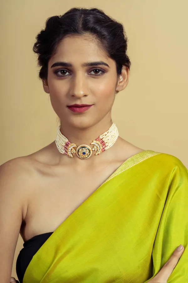 Blue Meenakari Tourmaline & Pearls Choker Necklace