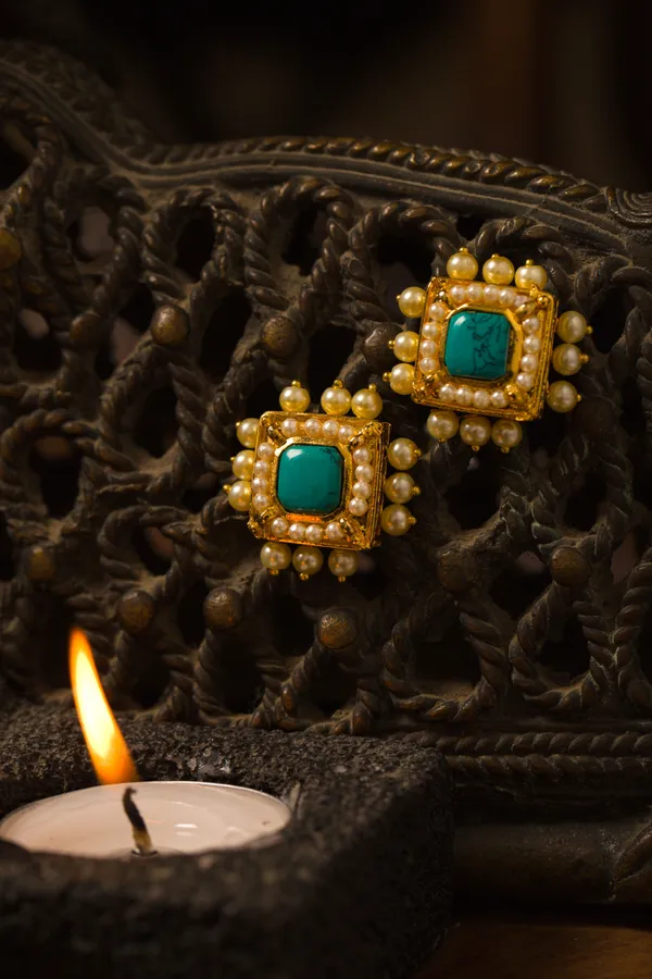 Gold & White Feroza Studs Earrings