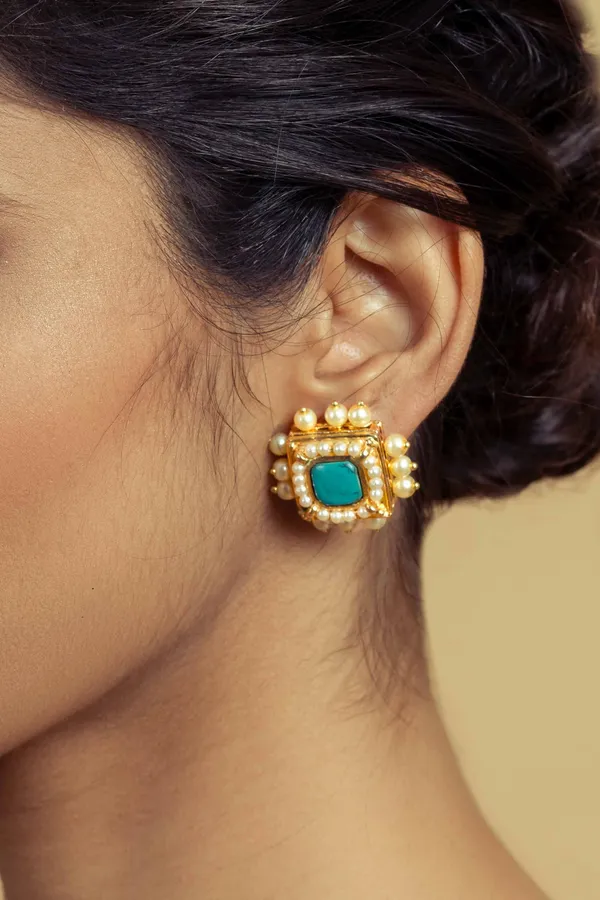 Gold & White Feroza Studs Earrings