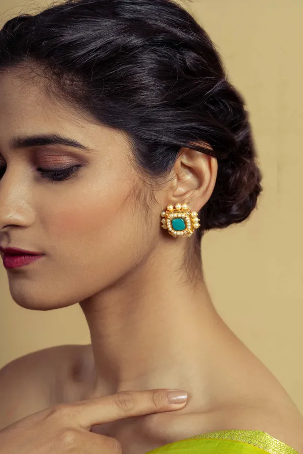 Gold & White Feroza Studs Earrings