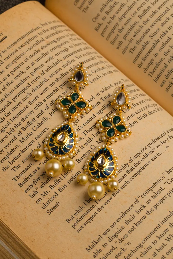 Blue & Green Kundan Earrings With Pearl Drops