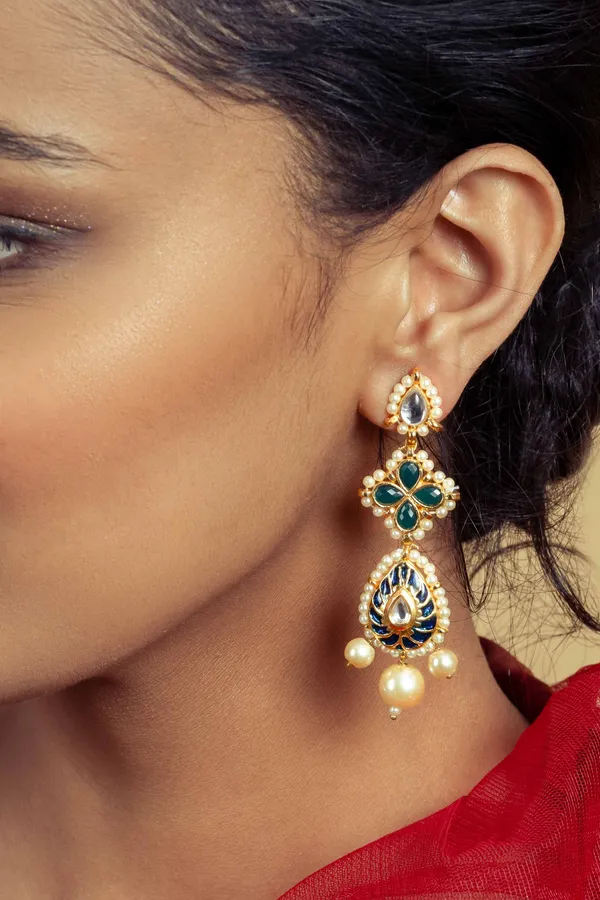 Blue & Green Kundan Earrings With Pearl Drops