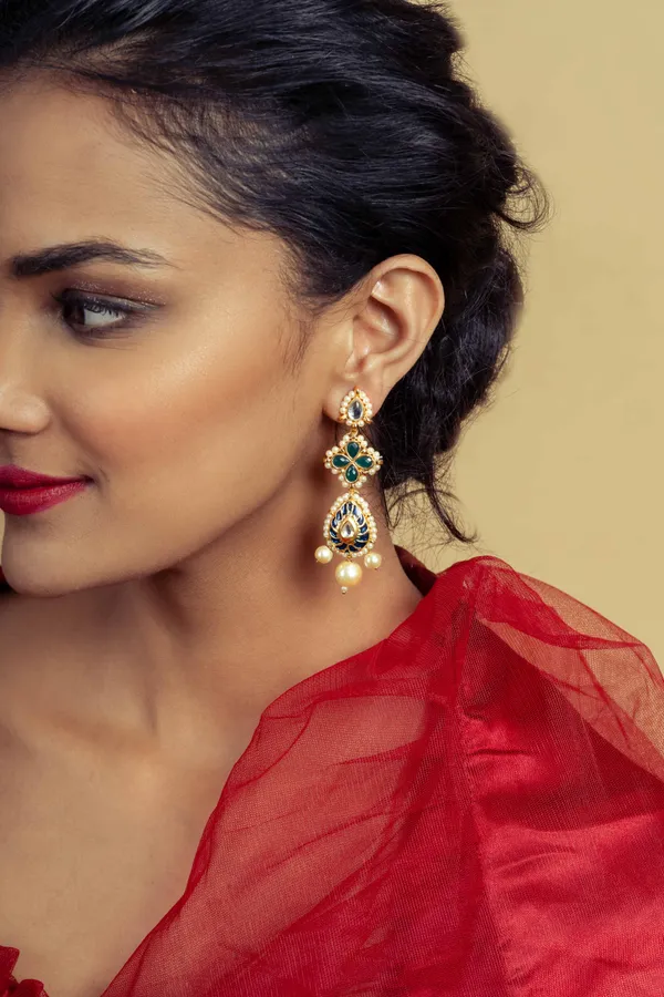 Blue & Green Kundan Earrings With Pearl Drops