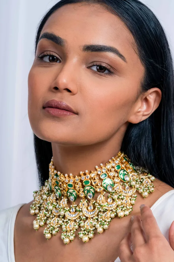Green Enamel & Kundan Chand Choker Necklace