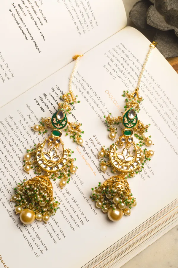 Green Enamel & Kundan Chand Pearl Drop Jhumki Earrings
