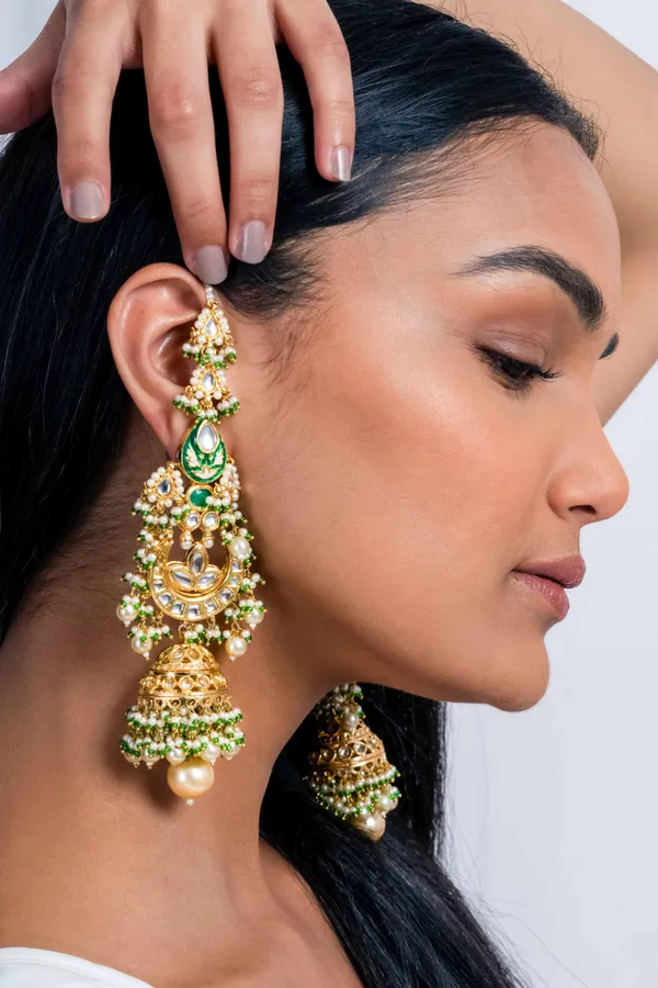 Green Enamel & Kundan Chand Pearl Drop Jhumki Earrings