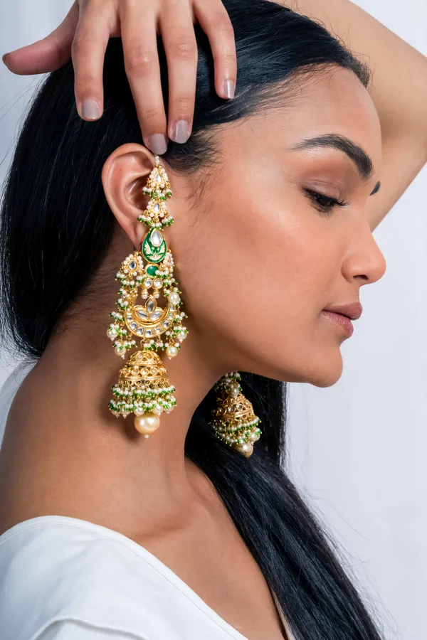 Green Enamel & Kundan Chand Pearl Drop Jhumki Earrings