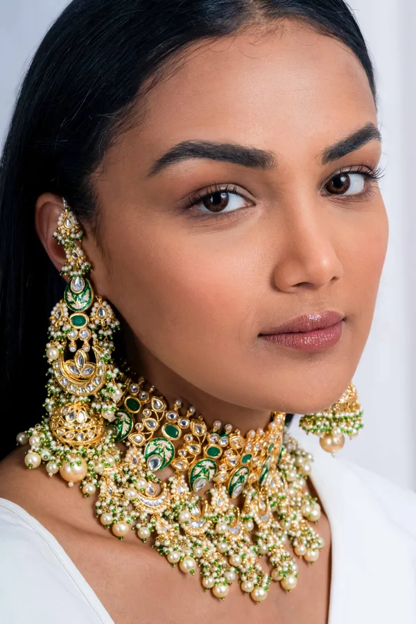 Green Enamel & Kundan Chand Pearl Drop Jhumki Earrings