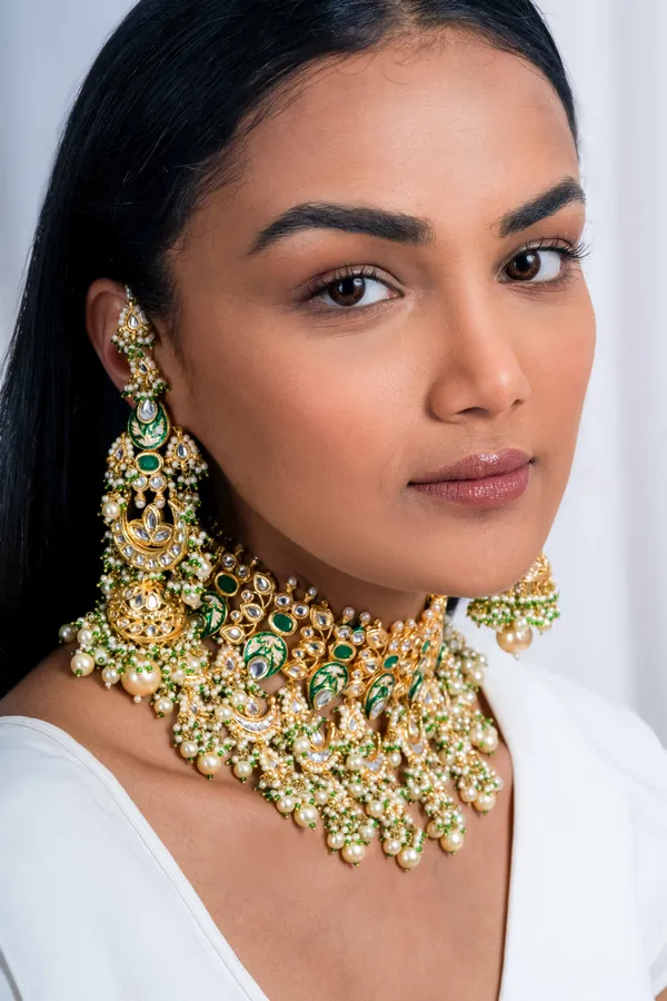 Green Enamel & Kundan Chand Pearl Drop Jhumki Earrings