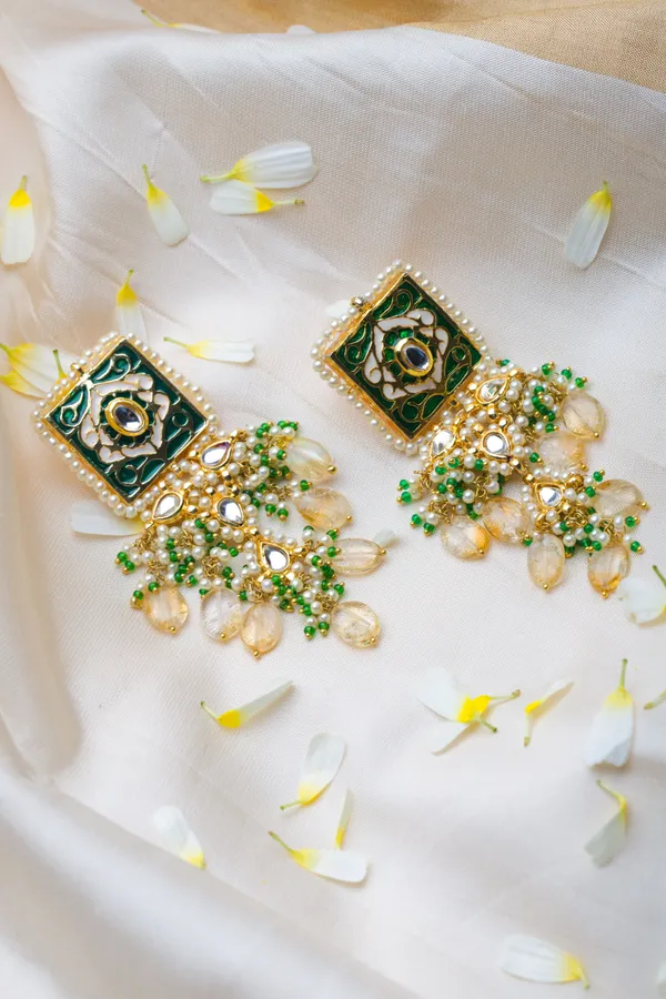 Green Enamel Yellow Citrine Drops Kundan Earrings