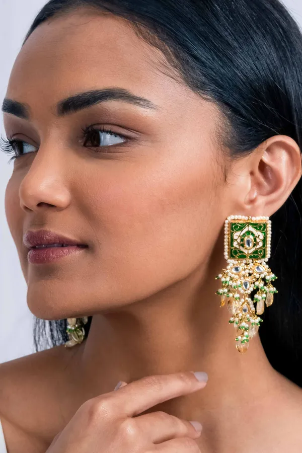 Green Enamel Yellow Citrine Drops Kundan Earrings
