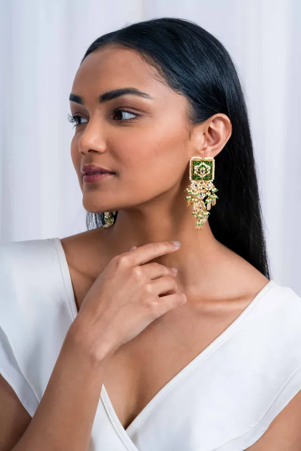 Green Enamel Yellow Citrine Drops Kundan Earrings