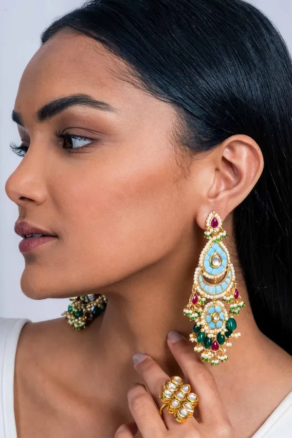 Feroza Red Green Kundan Dangler Earrings