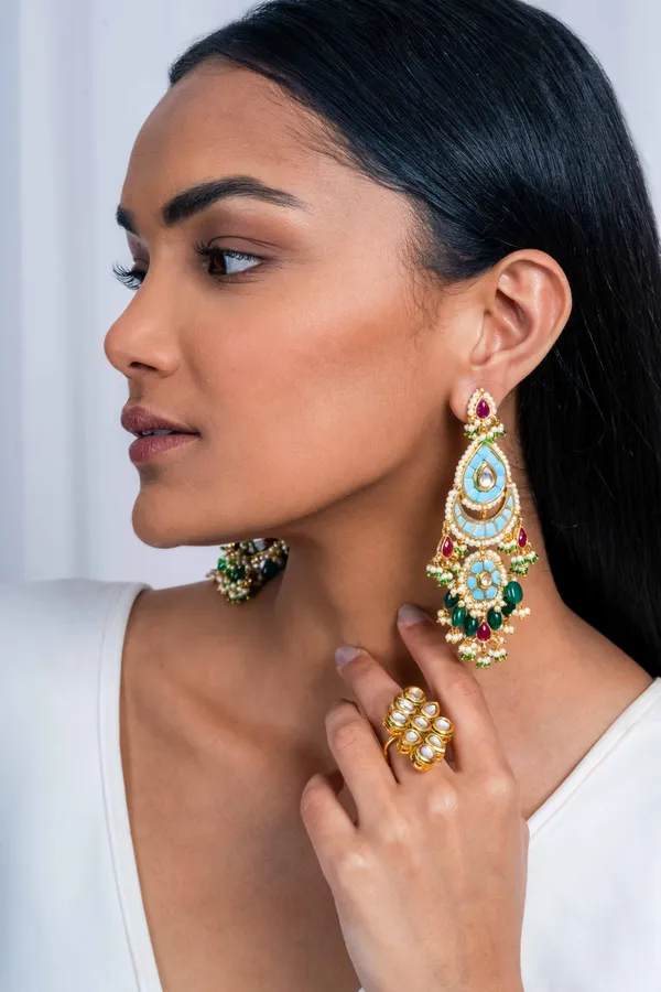 Feroza Red Green Kundan Dangler Earrings