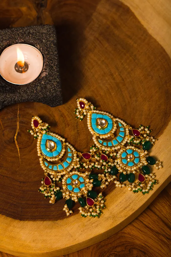 Feroza Red Green Kundan Dangler Earrings