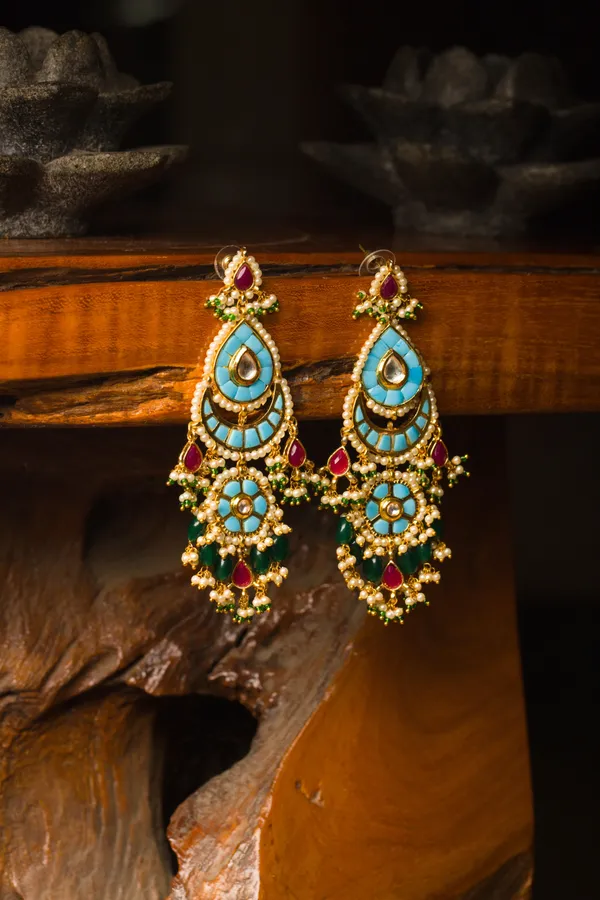 Feroza Red Green Kundan Dangler Earrings