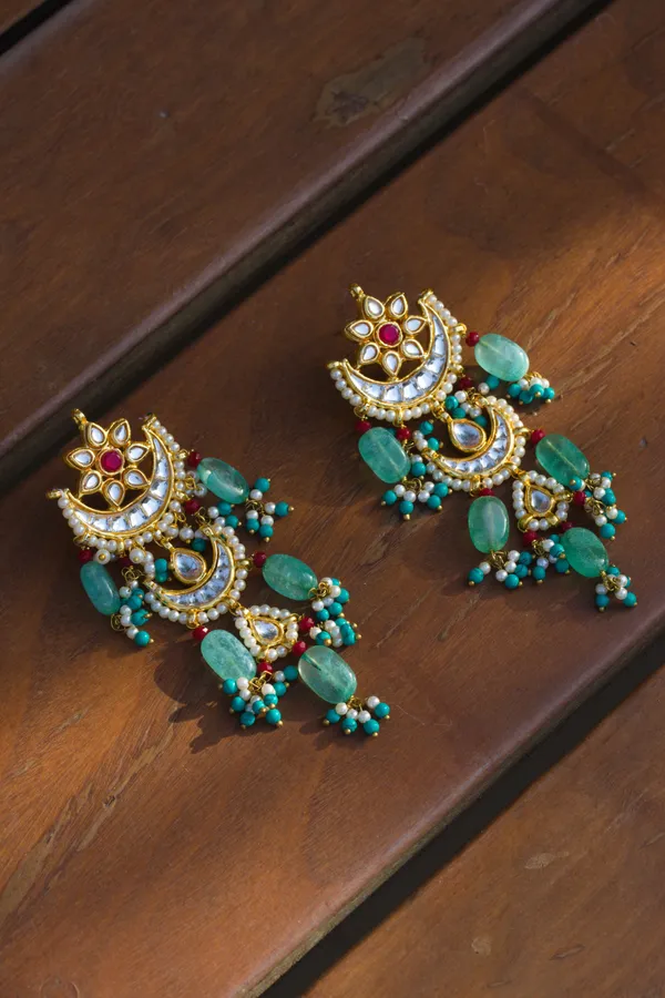 Red Kundan Feroza Pearls Chand Biya Earrings