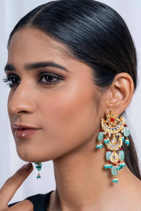 Red Kundan Feroza Pearls Chand Biya Earrings