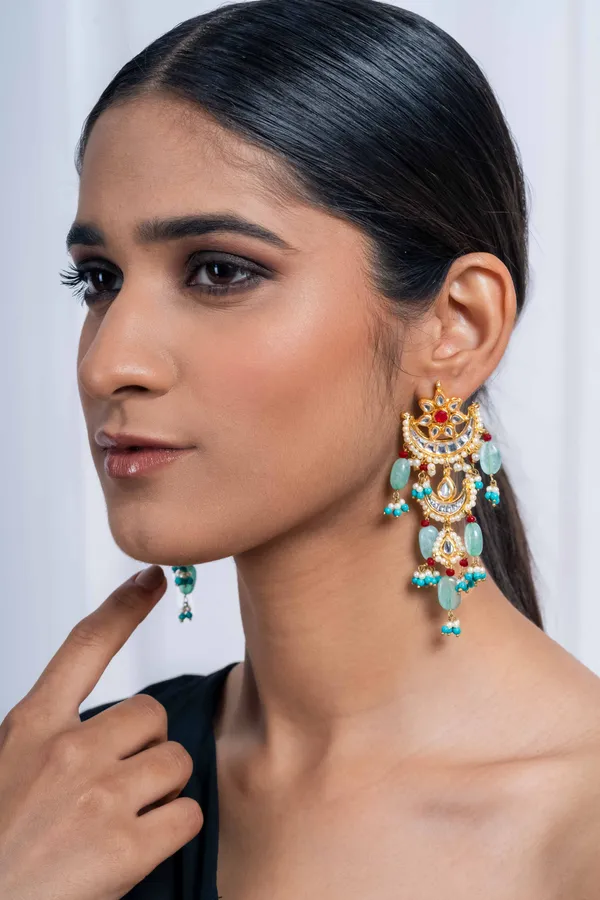 Red Kundan Feroza Pearls Chand Biya Earrings