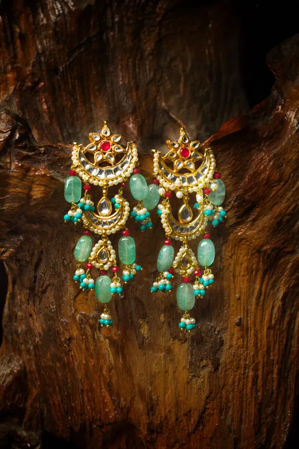 Red Kundan Feroza Pearls Chand Biya Earrings