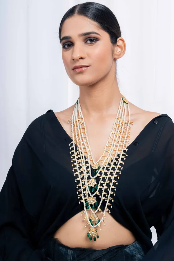 Gold & Green Kundan Biya Emerald Drops Panchlada