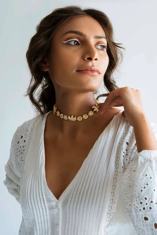 Gold & White Chand Biya Necklace