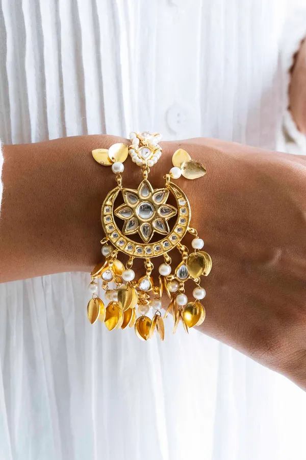 Statement Golden Bracelet with Pearls & Pipalpatti