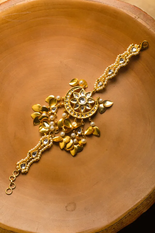 Statement Golden Bracelet with Pearls & Pipalpatti