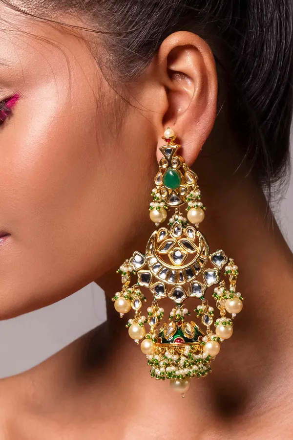 Green Kundan Golden Chandbaali Jhumki Earrings With Pearls