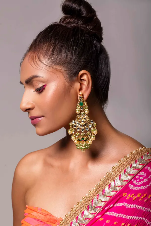 Green Kundan Golden Chandbaali Jhumki Earrings With Pearls
