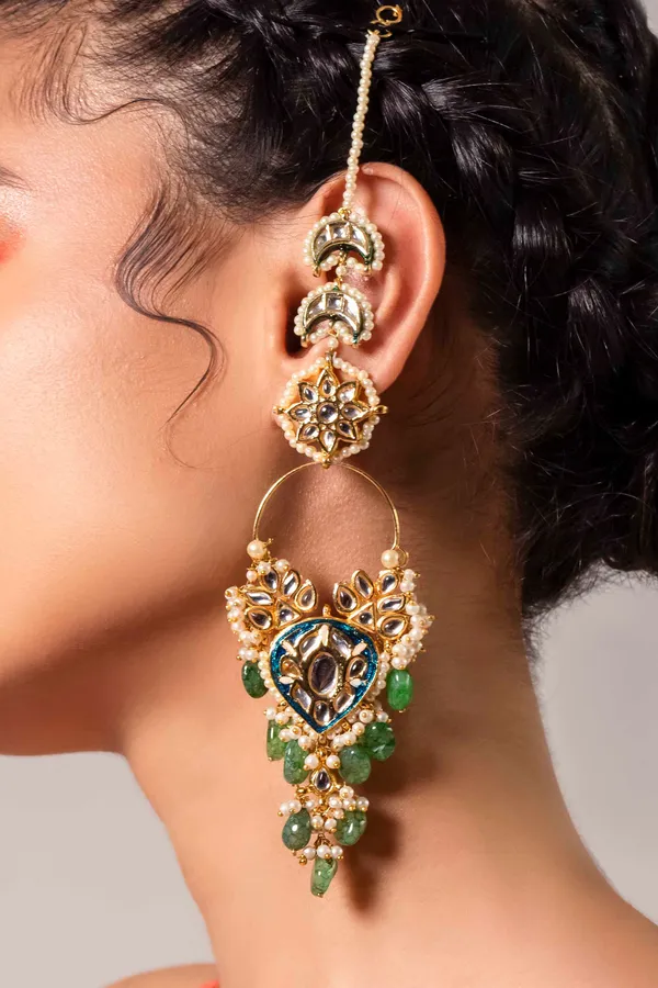 Blue Meena Emerald Drops Kundan Pearls Chandbali