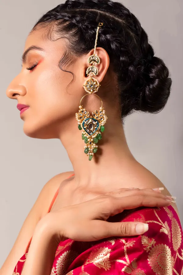 Blue Meena Emerald Drops Kundan Pearls Chandbali