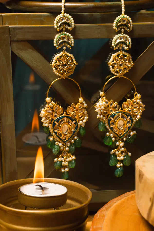 Blue Meena Emerald Drops Kundan Pearls Chandbali