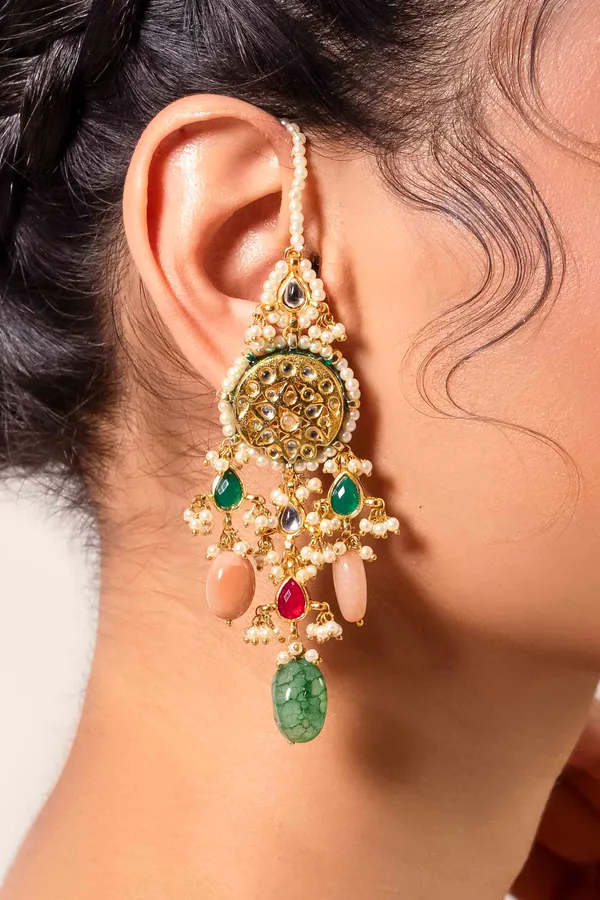 Red & Green Kundan Pink Moonstone Green Drop Earrings