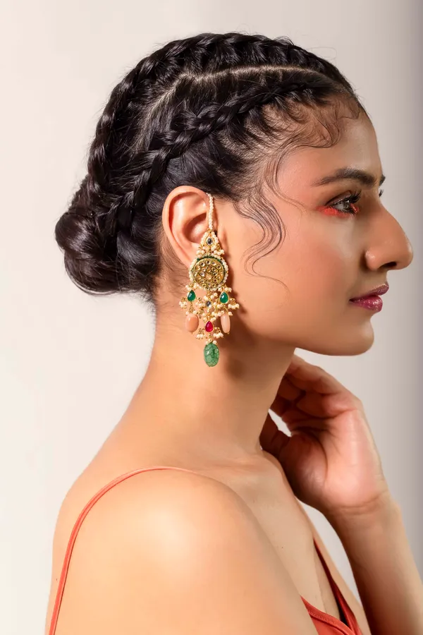 Red & Green Kundan Pink Moonstone Green Drop Earrings