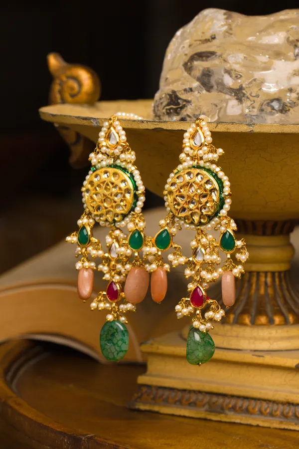 Red & Green Kundan Pink Moonstone Green Drop Earrings