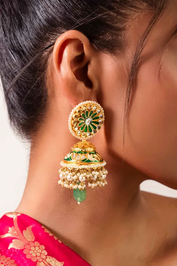 Green & Gold Meenakari Green Drop Jhumki Earrings