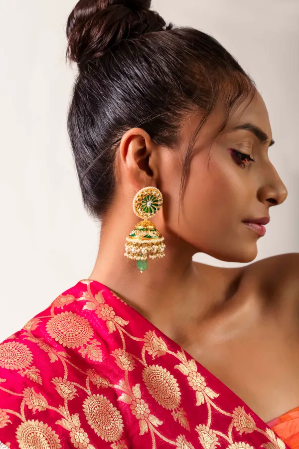 Green & Gold Meenakari Green Drop Jhumki Earrings