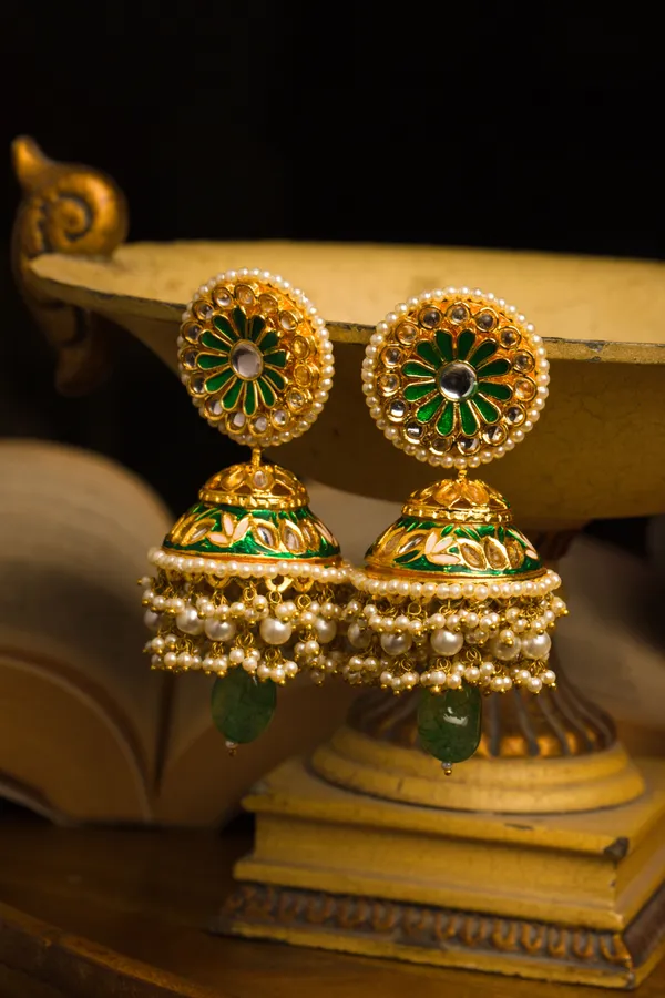 Green & Gold Meenakari Green Drop Jhumki Earrings