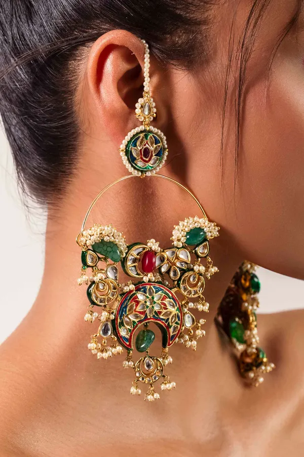 Multi Meena Kundan Chandbali With Green Drop