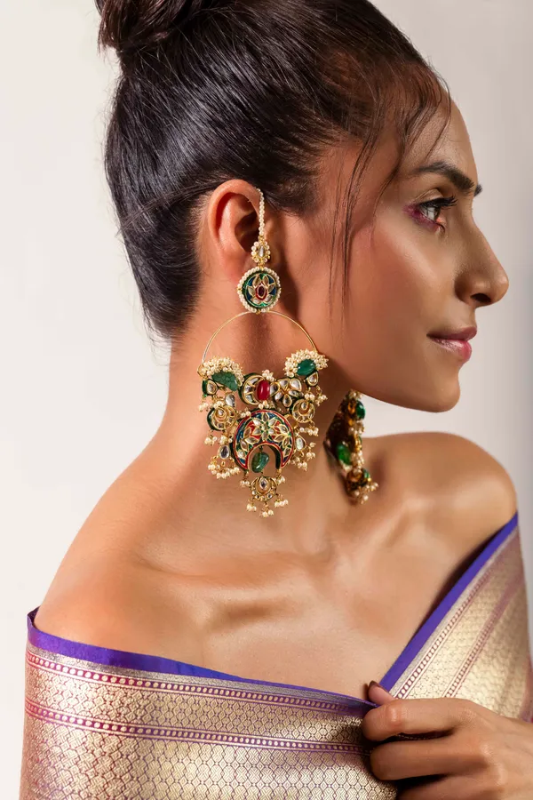 Multi Meena Kundan Chandbali With Green Drop