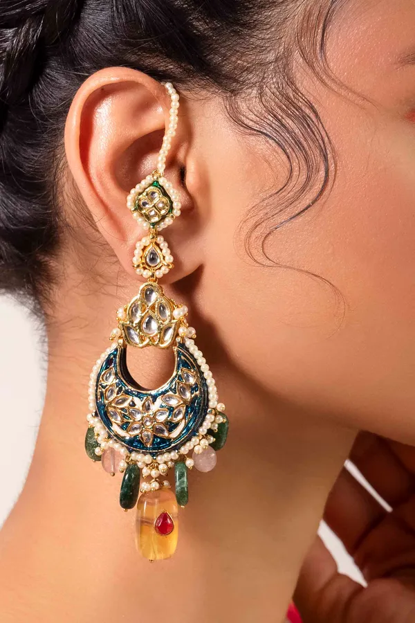 Blue Meena Chand Earrings With Multicolor Drops