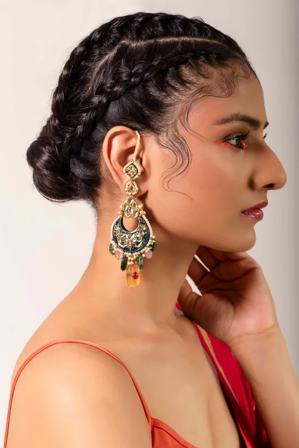 Blue Meena Chand Earrings With Multicolor Drops