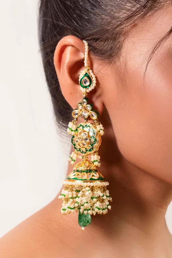 Green Enamel & Kundan Green Drop Jhumki Earrings