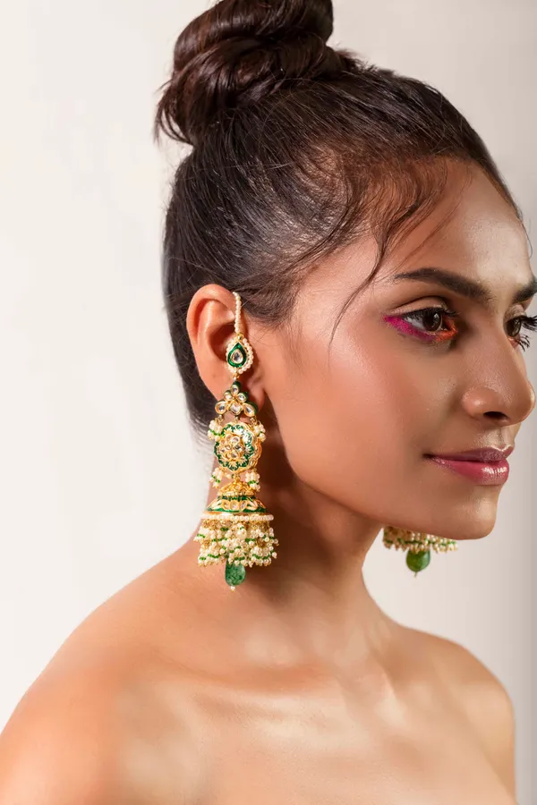 Green Enamel & Kundan Green Drop Jhumki Earrings