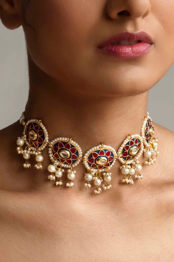 Red & Blue Meenakari With Pearl Drops Choker Necklace