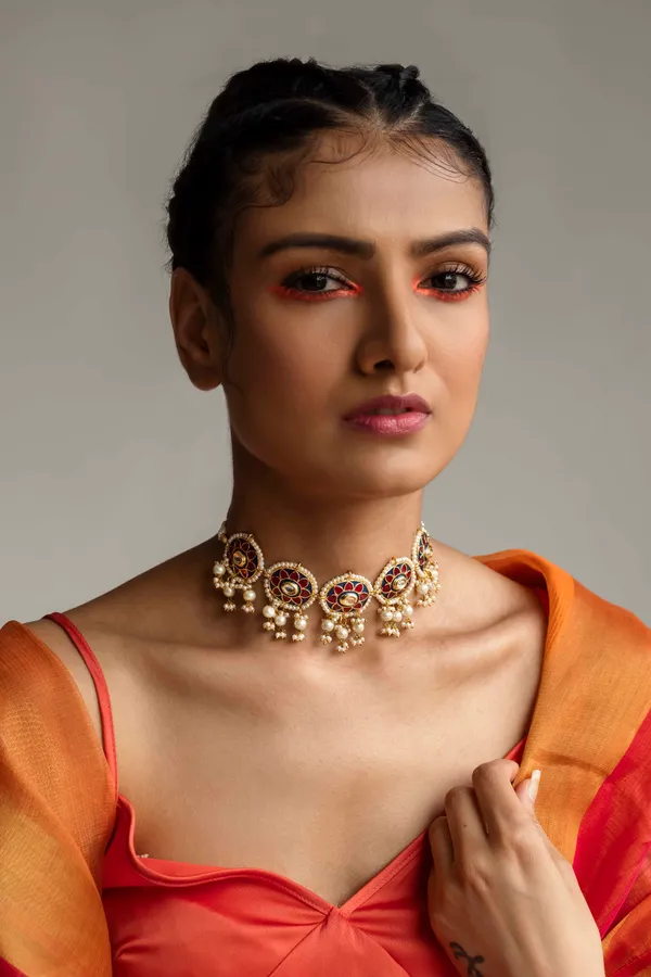 Red & Blue Meenakari With Pearl Drops Choker Necklace