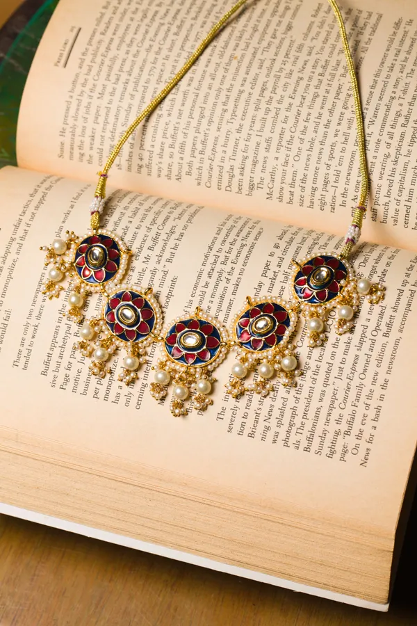 Red & Blue Meenakari With Pearl Drops Choker Necklace