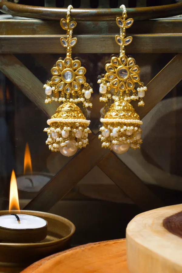 Pearl Drop Kundan Gold Jhumki