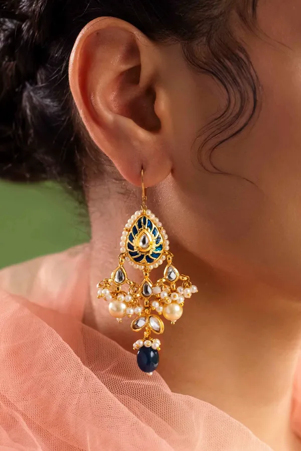 Blue Meena Kundan Earrings with Pearls